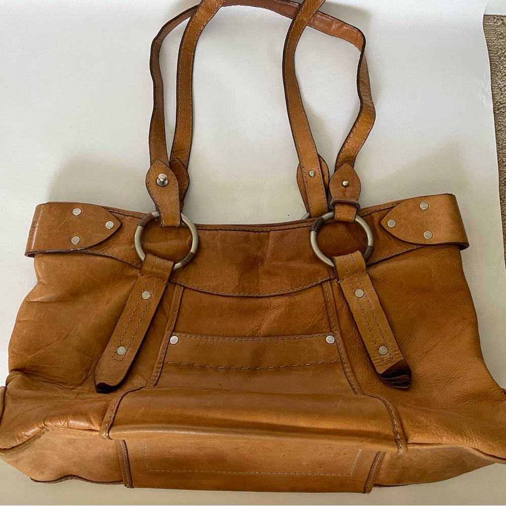Ruehl No 925  Large Vintage Cognac Tan Leather Shoulder Bag Zippered Bag Tote